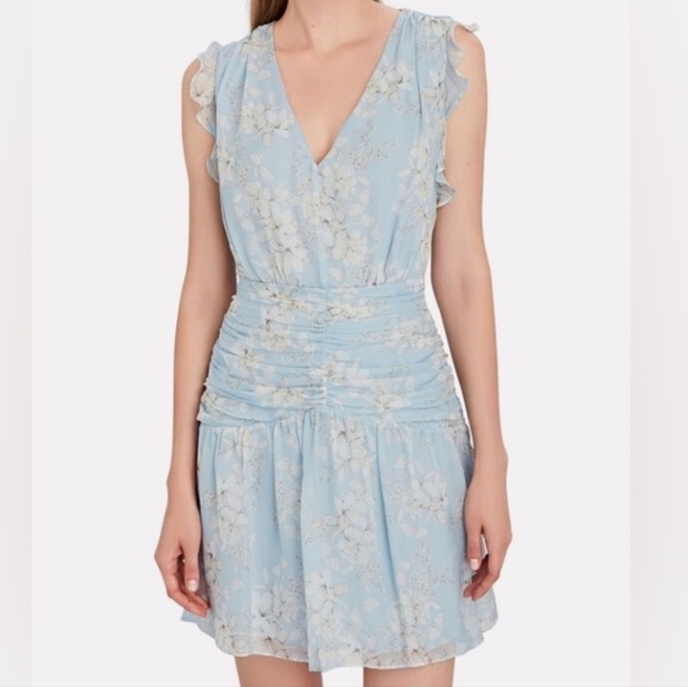 INTERMIX Sky Blue Floral Mini Rushed Dress